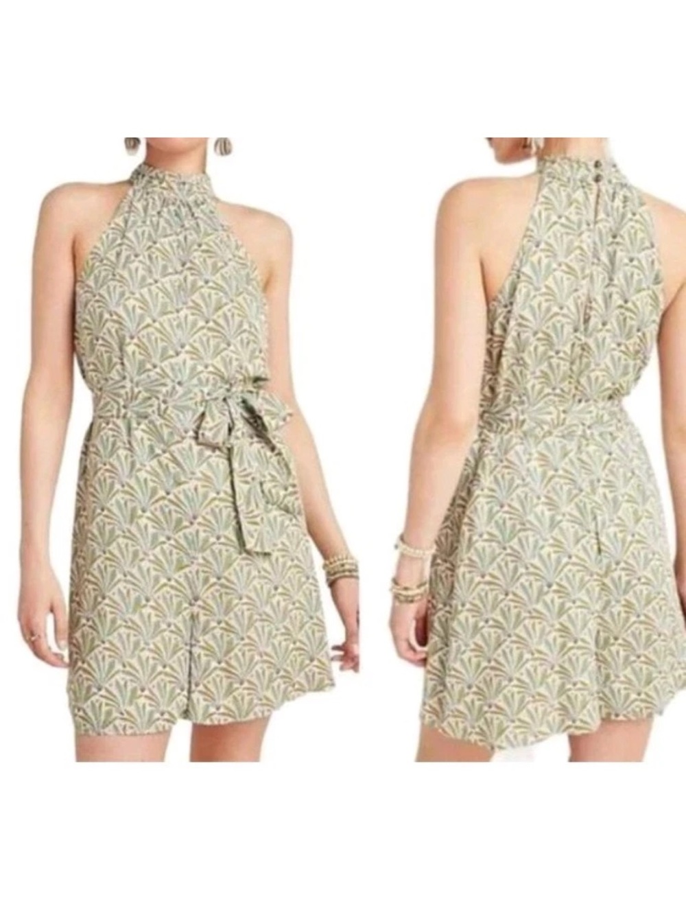 BY ANTHROPOLOGIE Green Palm Fern Print MADDIE Tie-Waist Halter Romper. Medium